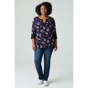 Woman Within navy blue floral swing Tunic three-quarter bell sleeves V-neck